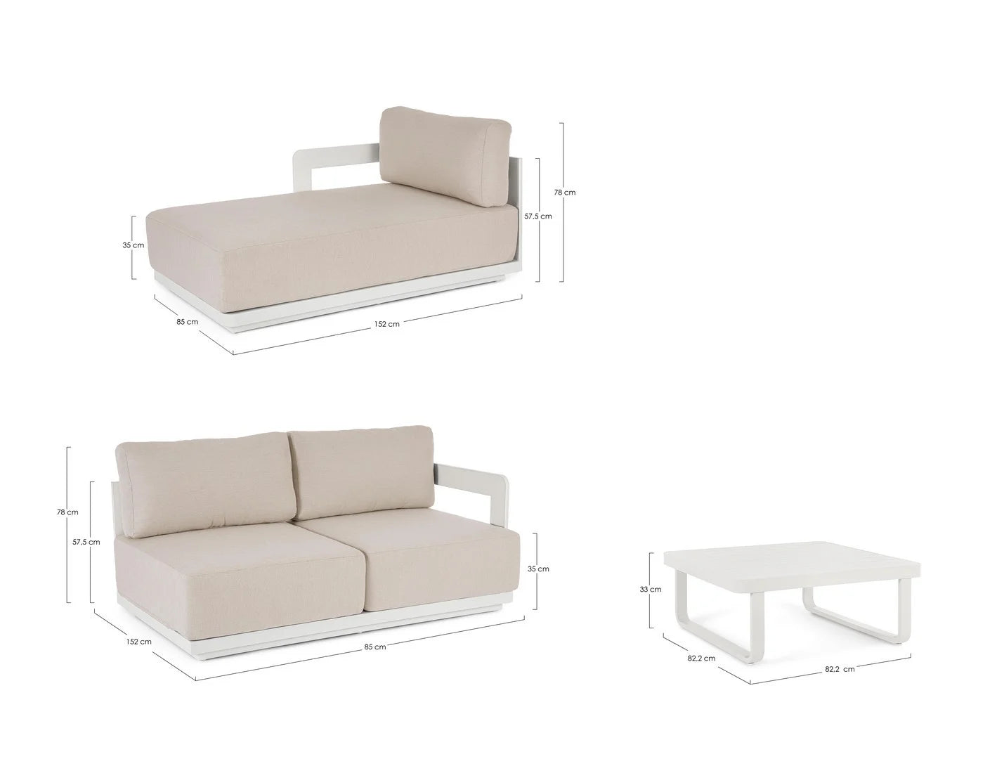 Set salotto MARIEL con divano a 2 posti, chaise longue e tavolino