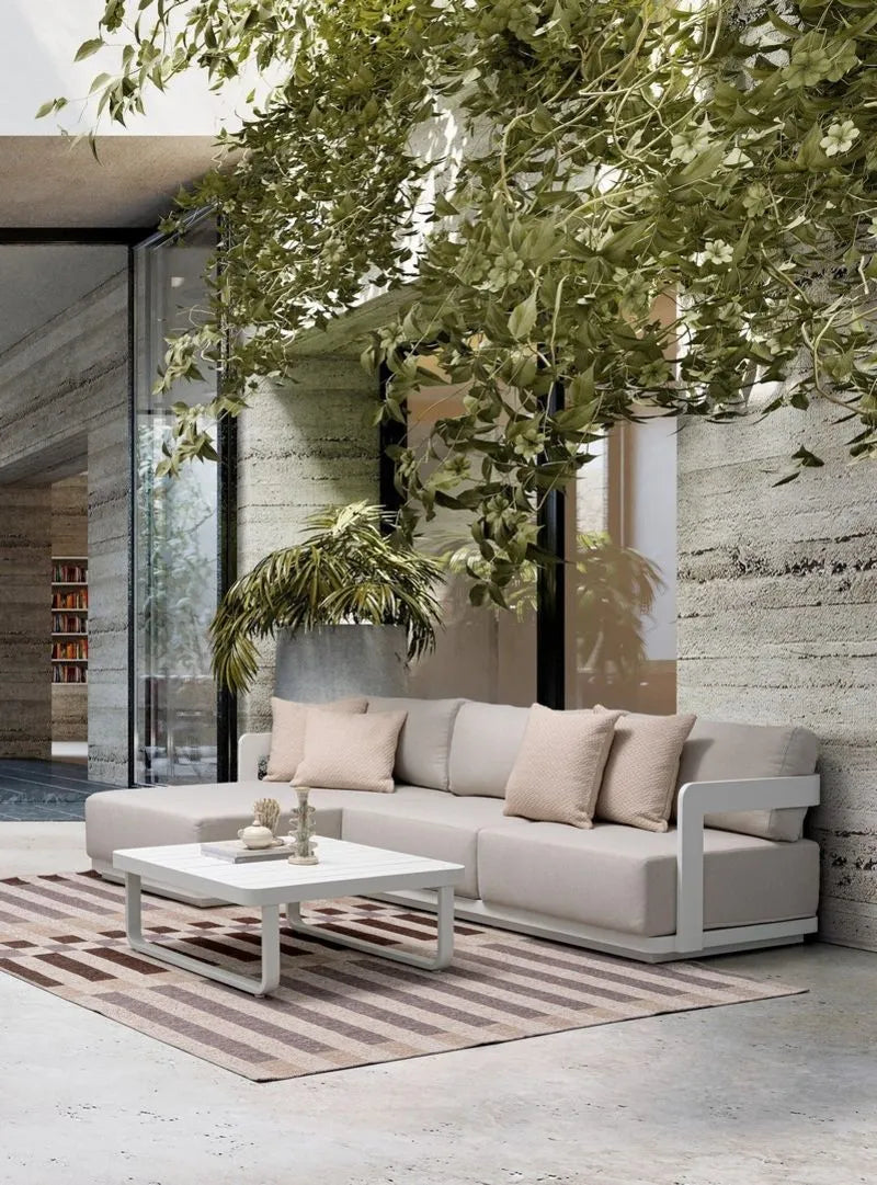 Set salotto MARIEL con divano a 2 posti, chaise longue e tavolino