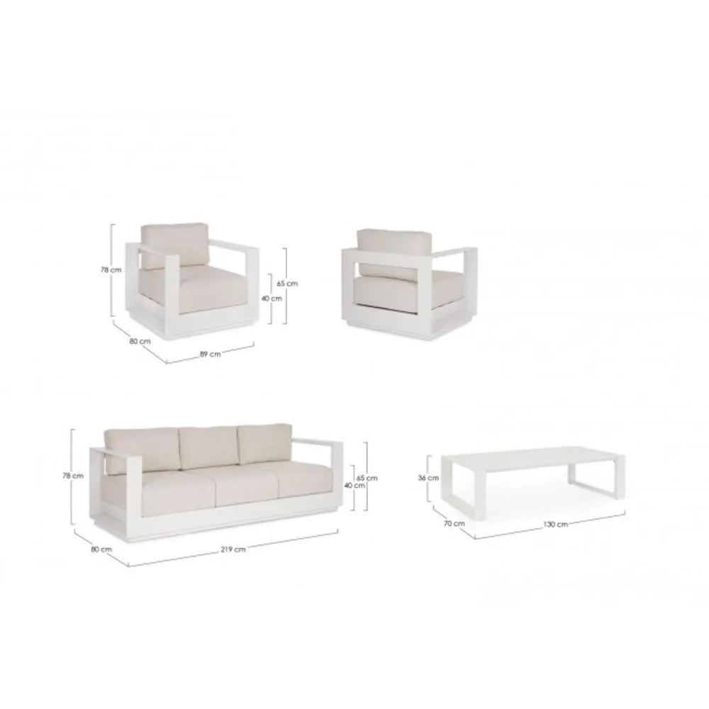Set salotto MOSES con 1 divano, 2 poltrone e 1 tavolino in alluminio bianco panna