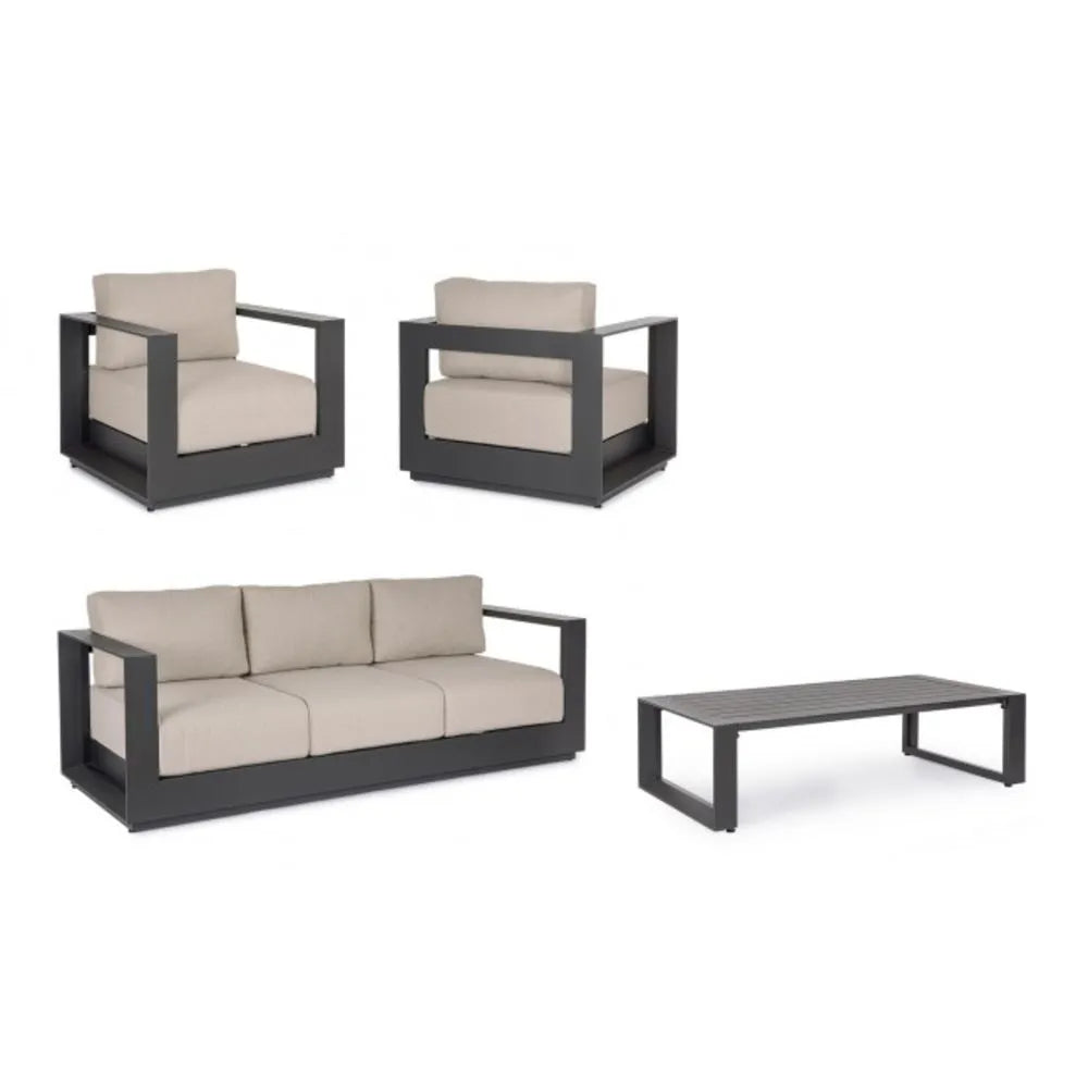 Set salotto MOSES con 1 divano, 2 poltrone e 1 tavolino in alluminio antracite e beige