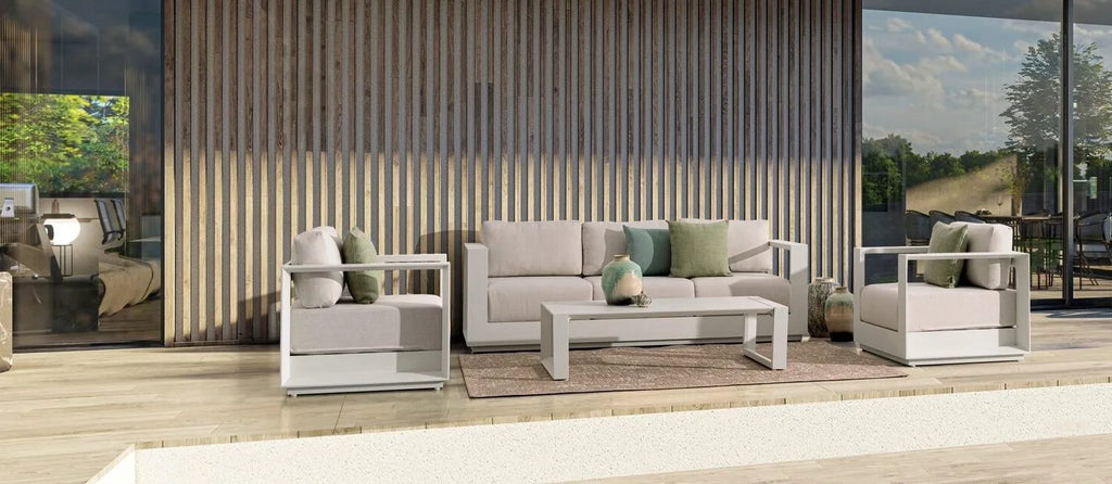 Set salotto MOSES con 1 divano, 2 poltrone e 1 tavolino in alluminio bianco panna