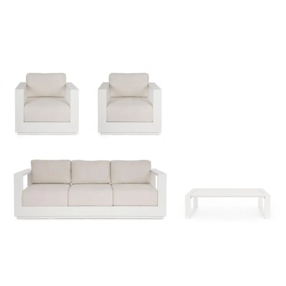 Set salotto MOSES con 1 divano, 2 poltrone e 1 tavolino in alluminio bianco panna