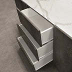 Credenza PIETRASANTA in legno, finitura in acciaio ossidato, piano effetto marmo statuario, 200×50 cm