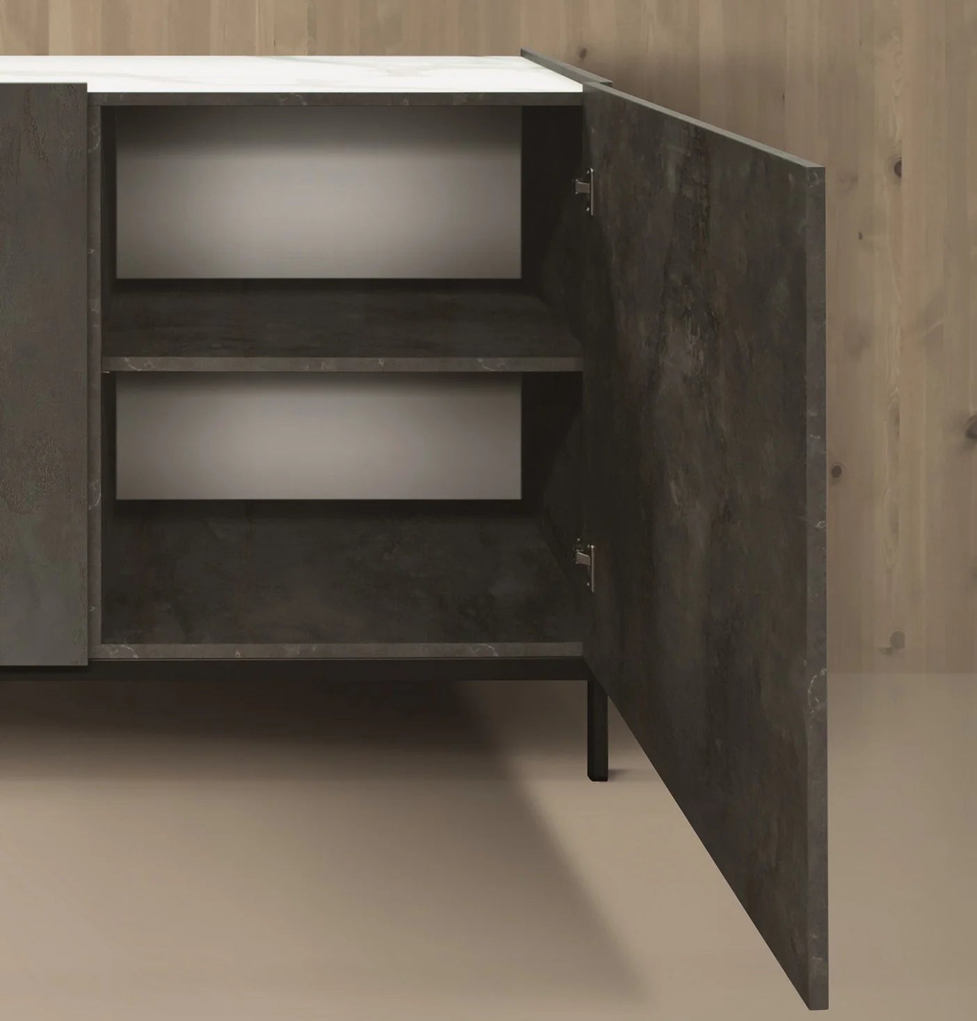 Credenza PIETRASANTA in legno, finitura in acciaio ossidato, piano effetto marmo statuario, 200×50 cm