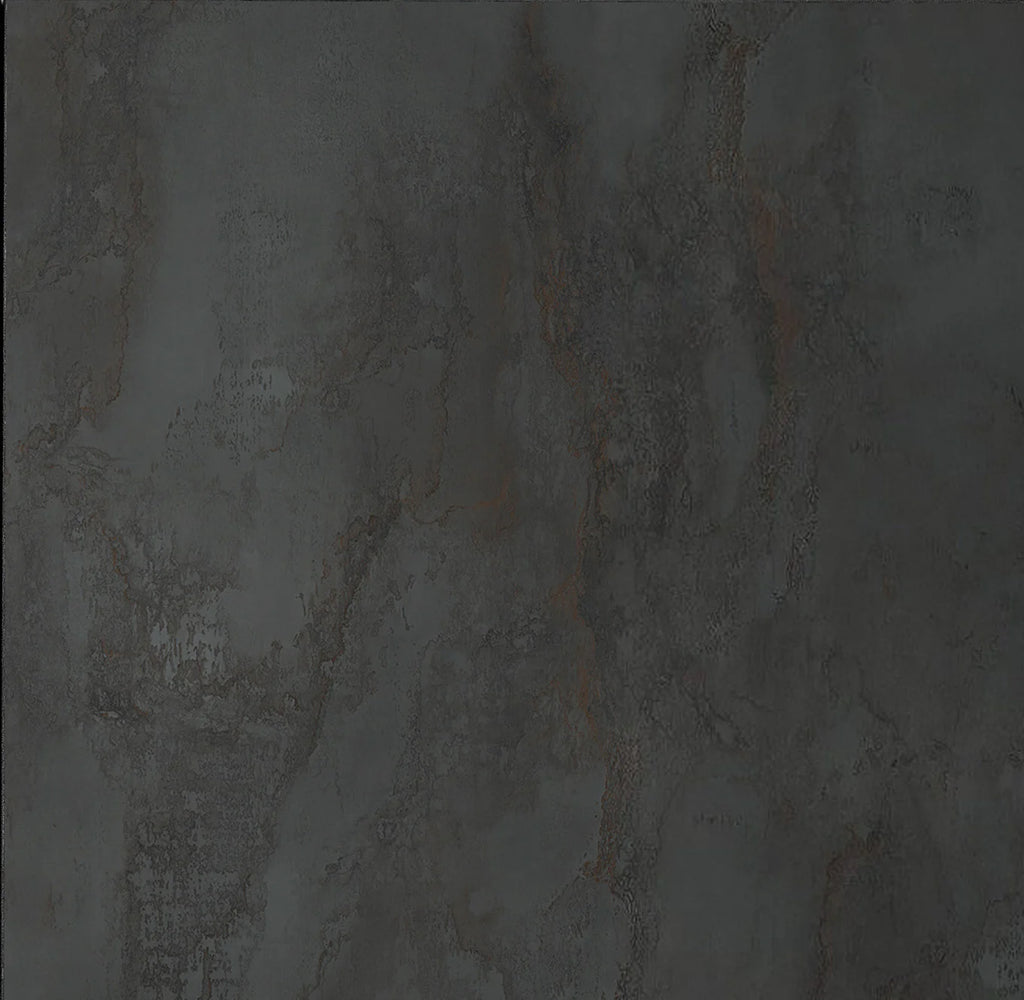 Credenza PIETRASANTA in legno, finitura in acciaio ossidato, piano effetto marmo statuario, 200×50 cm