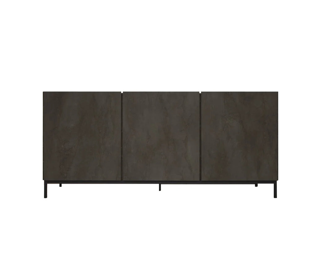 Credenza PIETRASANTA in legno, finitura in acciaio ossidato, piano effetto marmo statuario, 200×50 cm