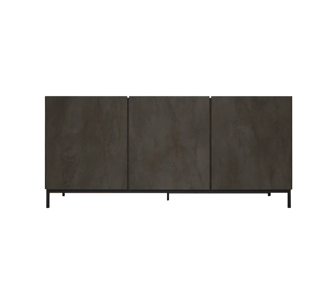 Credenza PIETRASANTA in legno, finitura in acciaio ossidato, piano effetto marmo statuario, 200×50 cm