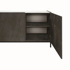 Credenza PIETRASANTA in legno, finitura in acciaio ossidato, piano effetto marmo statuario, 200×50 cm
