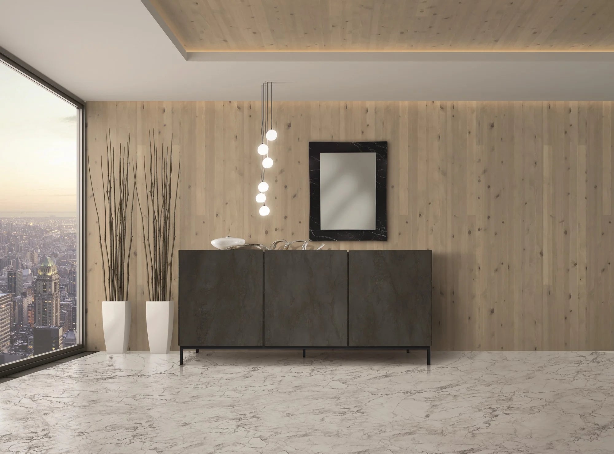 Credenza PIETRASANTA in legno, finitura in acciaio ossidato, piano effetto marmo statuario, 200×50 cm