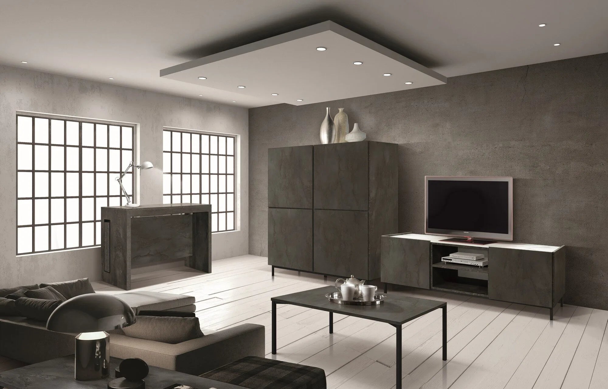 Credenza PIETRASANTA in legno, finitura in acciaio ossidato, piano effetto marmo statuario, 136×50 cm