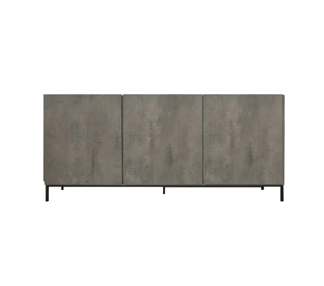 Credenza PIETRASANTA in legno, finitura in grigio cemento, piano effetto marmo statuario, 200×50 cm