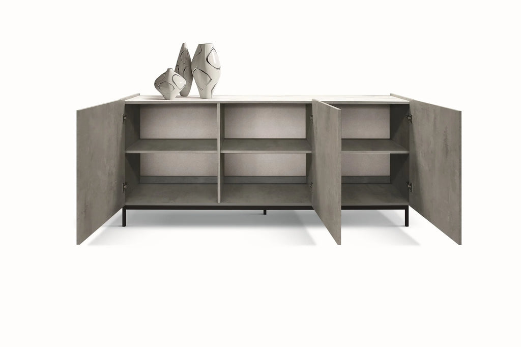 Credenza PIETRASANTA in legno, finitura in grigio cemento, piano effetto marmo statuario, 200×50 cm