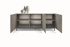 Credenza PIETRASANTA in legno, finitura in grigio cemento, piano effetto marmo statuario, 200×50 cm