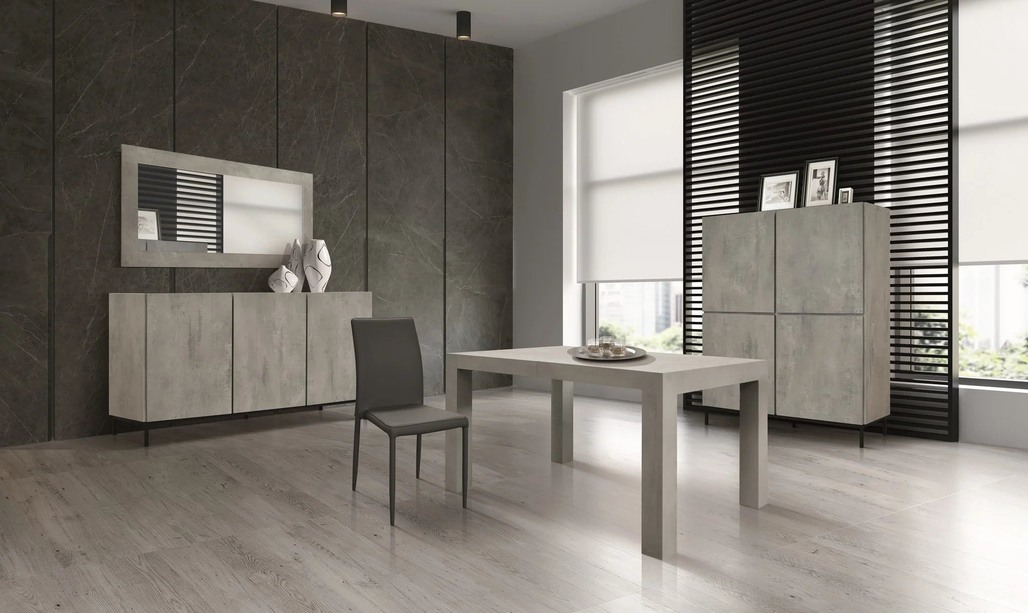 Credenza PIETRASANTA in legno, finitura in grigio cemento, piano effetto marmo statuario, 136×50 cm