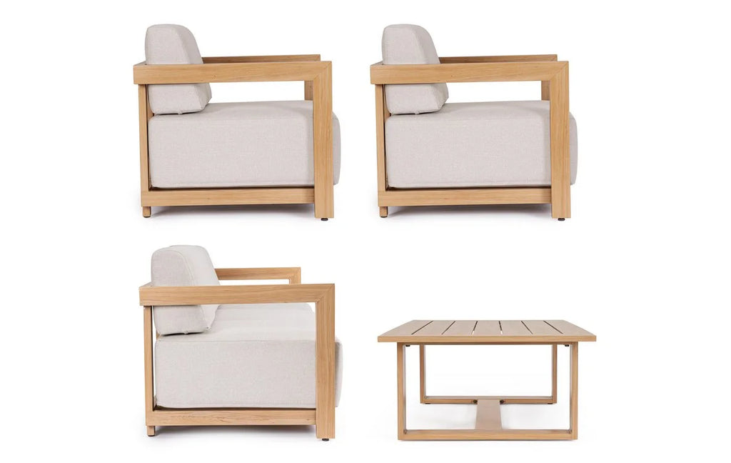 Set salotto THESEUS con 1 divano, 2 poltrone e 1 tavolino in alluminio effetto legno