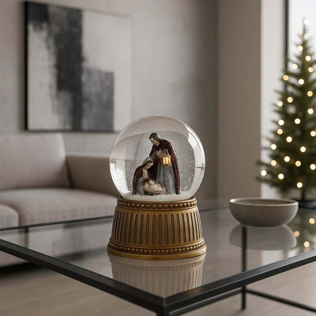 Sfera  di neve decorativa con la natività con musichetta da 10 cm x 14,5 cm