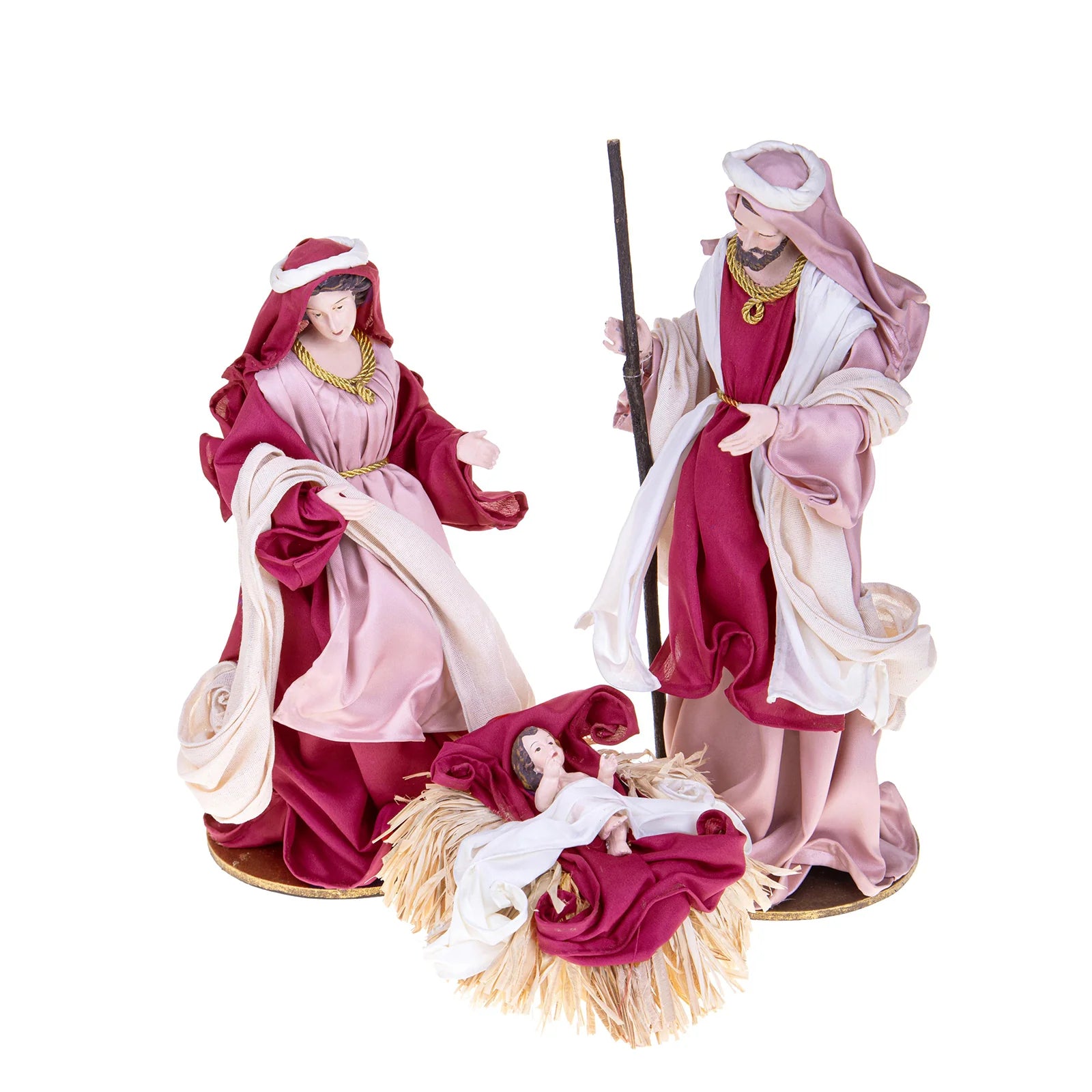 Natività completa  in tessuto BETLEMME set da 3 statue  h 36 cm bordeaux/rosa