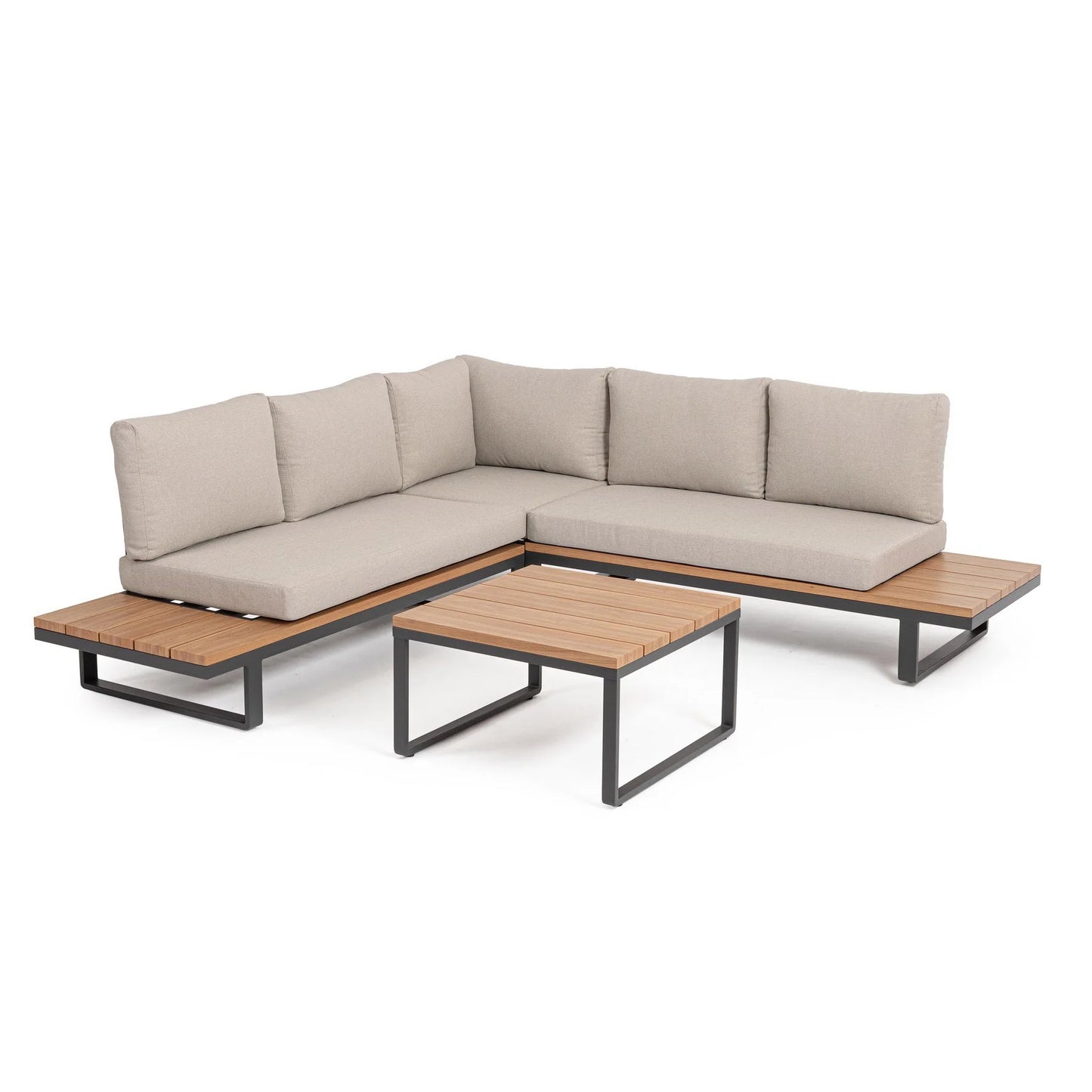 Set salotto angolare ZELMAR in alluminio antracite, color legno e tessuti beige