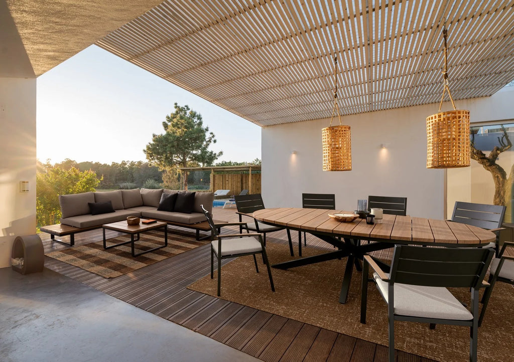 Set salotto angolare ZELMAR in alluminio antracite, color legno e tessuti beige