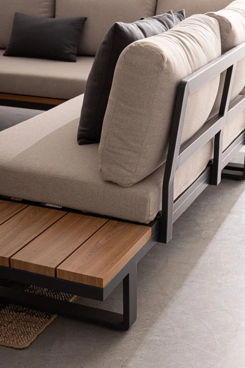 Set salotto angolare ZELMAR in alluminio antracite, color legno e tessuti beige