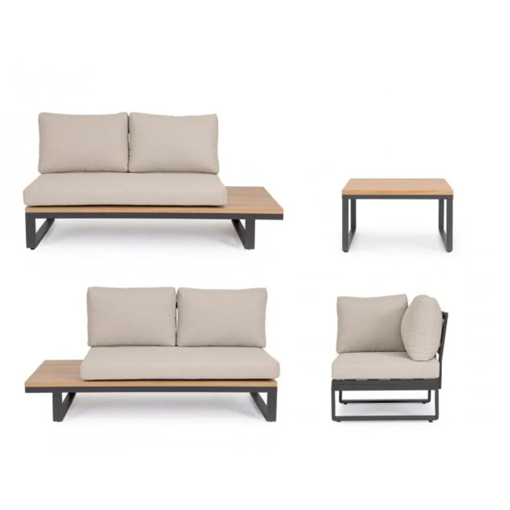 Set salotto angolare ZELMAR in alluminio antracite, color legno e tessuti beige